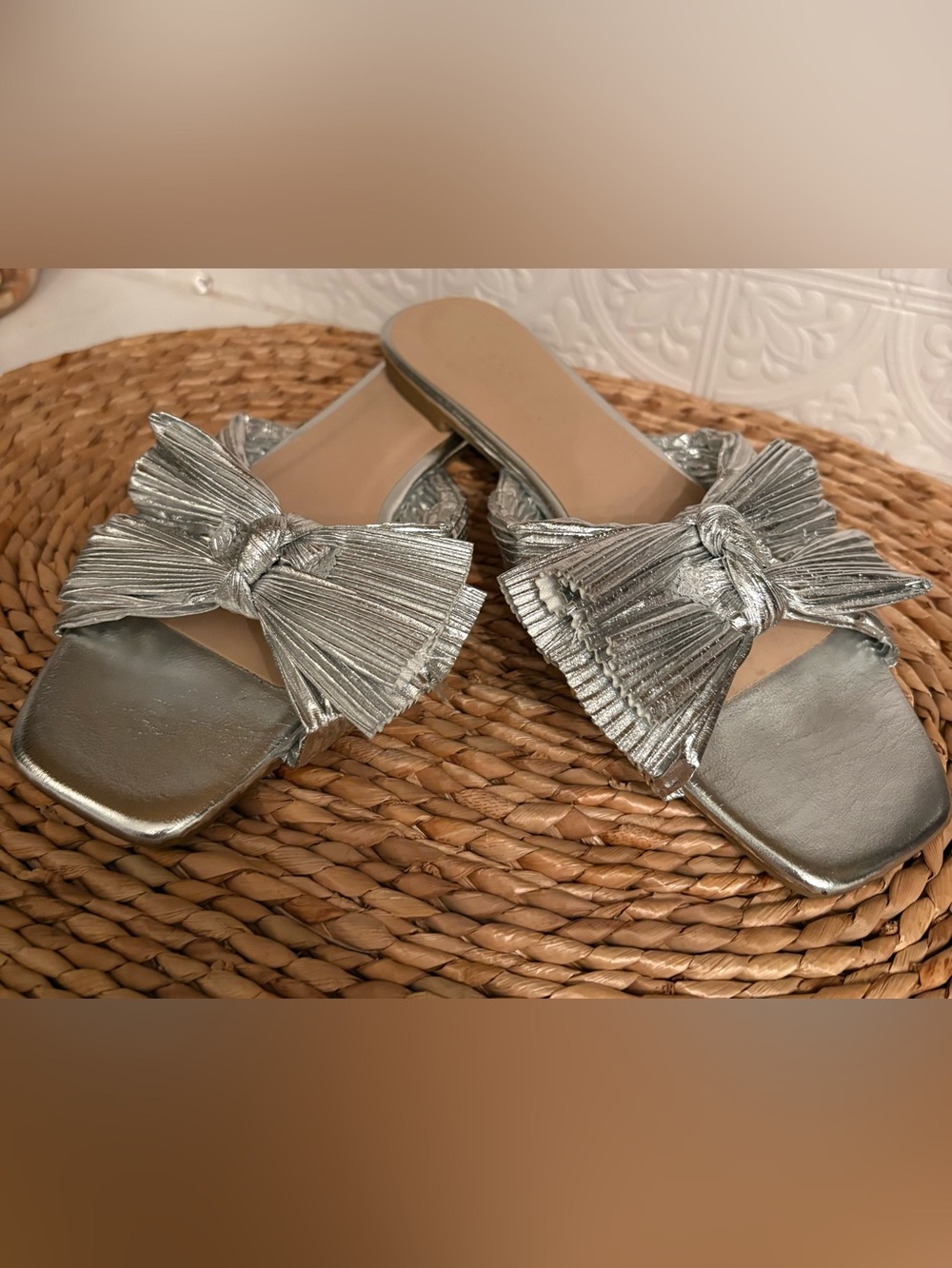 BAMBOO Metallic Silver Pleated Bow Slide Sandals